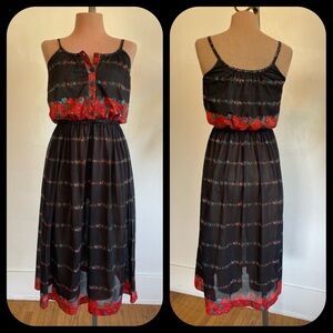 Vintage 70s Early 80s Sheer Black Floral Spaghetti Strap Sun Dress